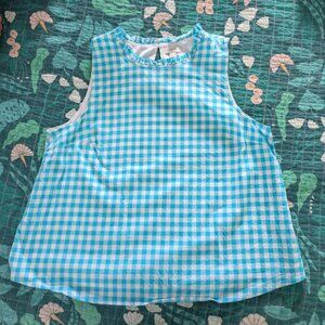 J CREW Women Sz L Shirt Turquoise Blue Gingham Checked Lined Ruffle Darts Cotton